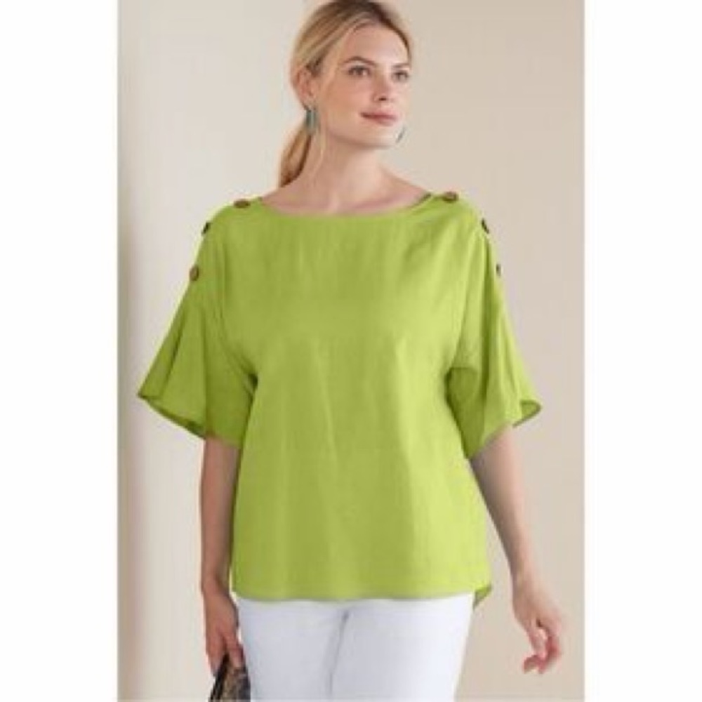 Soft Surroundings Lime Button-Trim Boatneck blouse
